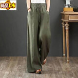 Sorrynam捡漏日系原单亚麻阔腿裤女宽松高腰直筒垂感瑜伽裤休闲棉麻长裤 军绿色 L【建议110-125斤】