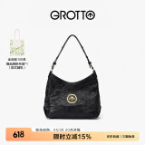 GROTTO个乐经典黑石hobo包大小号植鞣绵羊皮腋下单肩斜挎软包礼物 经典黑 金标S