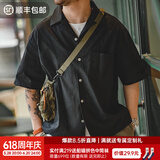 马登工装美式复古巴领宽松短袖衬衫雅痞黑色老钱风纯棉衬衣男夏季 黑色 /那不勒斯/夏威夷/海边穿搭 L