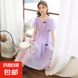女童法式连衣裙夏季中大童蝴蝶结泡泡袖公主裙女孩洋气方领长裙子 紫色连衣裙 【楠楠A136】 140