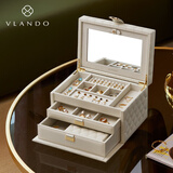 VLANDO真皮首饰盒2025新款生日礼物送女友大容量耳环饰品收纳盒米白三层
