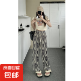 新中式阔腿裤女夏季2025新款垂感百搭水墨蝴蝶直筒国风家居裤 扎染灰色裤子 均码 适合80-130斤
