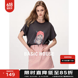 BASIC HOUSE/百家好卡通印花凉感t短袖2024夏季新款翻边高级感宽松t恤女洋气 深灰 S