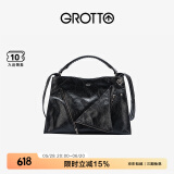 GROTTO个乐翻领包真皮大容量通勤小众机车风手提单肩斜挎包礼物 经典黑(牛皮) S
