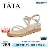 他她（TATA）绝美坡跟凉鞋女外穿一字带时装凉鞋夏季7UA03BL4 银色 36