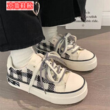 京靠 小香风帆布鞋女2025春秋款小白鞋百搭学生学院鞋子棋盘格女鞋 黑格 37