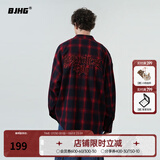 BJHG不计后果秋季刺绣撞色复古格子衬衫男潮牌新款港风宽松衬衣外套女 红蓝格纹 L