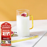 唯铭诺方形玻璃杯大容量色彩手把高颜值咖啡牛奶早餐杯 黄色玻璃杯400ML
