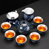 器美优品 景德镇青花鎏银功夫茶具套装创意999银盖碗茶杯整套高端礼盒装 3款鎏银正把壶暗乡浮动茶具10件