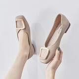 ZHR单鞋女真牛皮浅口平底女鞋舒适软底通勤方扣鞋子女 AH157 杏色 35