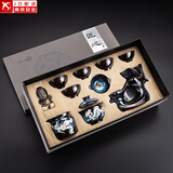 全自动茶具套装家用懒人泡茶器功夫茶道六君子茶叶罐窑变创意陶瓷 沙金(圣意)六杯-镶银(龙凤)+礼盒