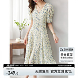 尚都比拉夏季法式碎花连衣裙泡泡袖茶歇裙气质女神范裙子 杏底蓝花 L 