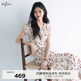 伊芙丽（eifini）伊芙丽V领高腰线设计长款碎花连衣裙女2025夏季新款气质茶歇裙子 米白 L