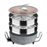 翰乐麦饭石电火锅家用火锅多功能插电锅无油烟不粘锅美食多用锅石锅记 6L 单锅+双蒸笼HL-A8