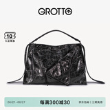 GROTTO个乐翻领包真皮大容量通勤小众机车风手提单肩斜挎包礼物 暗夜银 L