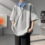 主意范（ZHUYIFAN）小众设计感假两件t恤男潮牌拼接翻领短袖高级痞帅宽松半袖polo衫 灰色【单件上衣】 XL 建议130-150斤