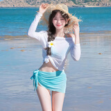 麓格立 比基尼女泳衣女新款海边泡温泉性感小清新长袖罩衫分体度假泳装 蒂芙尼蓝四件套【建议80-120斤】