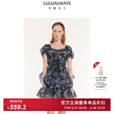 LULUALWAYS我爱露露24夏季新款宫廷风重工欧根纱印花蓬蓬裙连衣裙 黑色 XL