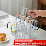 绿昌明玻璃水杯家庭水具套装茶杯家用带把手杯子6支装带挂架沥水架