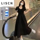 LISCN连衣裙2025夏季新款赫本风黑色女夏季感气质子遮肚子显瘦a字 黑色长款 3XL (建议160~180斤)