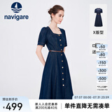 Navigare意大利小帆船短袖连衣裙女士夏季百搭A字裙时尚显瘦复古牛仔长裙 海军蓝 M 码