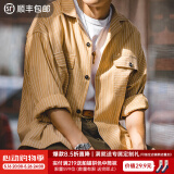 马登工装 美式休闲古巴领条纹衬衫男阿美咔叽宽松V领长袖衬衣 黄色 L
