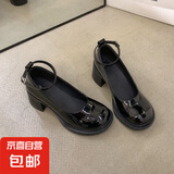 法式小香风白色玛丽珍高跟鞋女仙女风配裙子小皮鞋厚底粗跟jk单鞋 黑色 38