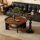 汇优隆法式复古实木茶几中古风圆形茶桌家用小桌子小户型客厅2025新款 实木双层圆茶几+边几【中古色】