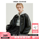 VEGA CHANG机车风皮衣女春秋季2025年韩版bf风一字扣PU皮夹克短外套 黑色 L