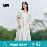 森马连衣裙女温柔系木耳边方领夏季泡泡袖娃娃裙甜美107424114030