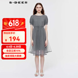 S.DEER圣迪奥女装时尚潮流百搭圆领收腰网纱不规则短袖连衣裙S222Z12M3 中灰/77 M 165
