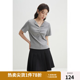 独束大码女装设计感简洁抽褶翻领短袖t恤女夏季新款微胖mm上衣潮 芝麻灰 L (尺码：2)