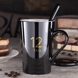 布丁瓷艺 创意陶瓷杯子马克杯 带盖带勺男女情侣水杯简约咖啡杯牛奶杯 真金12号黑色亮光款瓷盖+精品勺