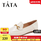 他她（TATA）方头乐福鞋女休闲平底一脚蹬小皮鞋女单鞋春秋款FLC22AM4 米色 35