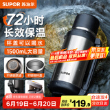 苏泊尔（SUPOR）保温壶大容量不锈钢暖水壶热水瓶户外旅行壶便携车载运动保温杯子 流光银1.5L【茶滤+背带】
