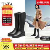 他她（TATA）黑色V口长筒靴女英伦加绒抗寒高筒靴骑士靴冬季G5JA1DG2 黑色（单里） 38