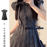 多菲尼森 富家千金风灰色波点连衣裙女夏季蝴蝶结设计感甜美收腰短裙 小飞袖连衣裙灰色+送皮带 M 【50-60KG】