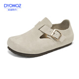 东园物作真皮休闲日系外穿舒适百搭真皮软木男女款圆头平底防滑全包勃肯鞋 浅灰色 37 【偏大一码】