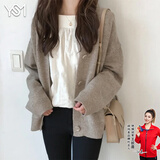翊尚美中长款针织衫开衫外套女春秋学生长袖上衣新款宽松显瘦慵懒风毛衣 奶茶驼色【无口袋加厚款】 均码 【适合80-140斤】