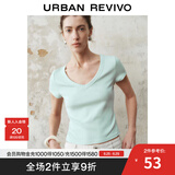 UR2025春季新款女时尚基础纯色修身短款V领短袖T恤UWB450004 白绿 M