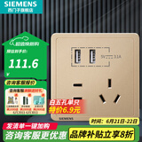 西门子（SIEMENS）开关插座面板 五孔二三插座墙壁86型强电10A插座 致典系列日曜金 五孔带双USB智能分流3.1A