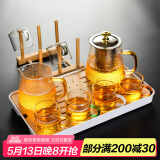 瓷牌茗茶具（cipaiming teaset） 透明玻璃茶具整套套装家用功夫茶壶茶杯会客泡茶器 金盖雅致六彩杯8件+杯架+小长方