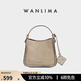 万里马（wanlima）新品牛皮小菜篮子女包时尚通勤简约单肩斜挎包真皮小包送女友 米咖色/奶油白-小号