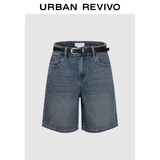 UR2025夏季新款女装复古猫须水洗腰带牛仔短裤UYY850081