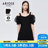 艾诺丝雅诗【商场同款】夏新珍珠网纱泡泡袖短袖小清新小黑裙连衣裙10429006 黑色 L