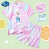 迪士尼儿童速干衣套装爱莎公主短袖t恤女童夏季套装JXAF1210D 橘粉150