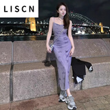 LISCN紫色吊带连衣裙子2026梦境蝴蝶弹力复古气质国风网纱印花抽褶设计 紫色长 M