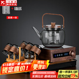 正扬电陶炉煮茶器胡桃木电茶炉玻璃泡茶蒸煮烧水壶功夫茶具套装家用小 胡举物如意提六竹环+架长琴黑