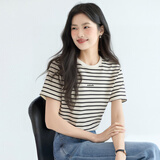 伊芙丽（eifini）【经典延续】伊芙丽简约撞色字母绣花条纹纯棉休闲百搭短袖T恤女 本白色 S /155/80A/