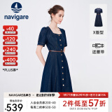 Navigare意大利小帆船短袖连衣裙女士夏季百搭A字裙时尚显瘦复古牛仔长裙 海军蓝 L 码